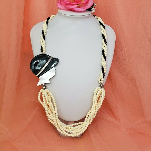 Mother of Pearl & Bone Bead Statement Necklace Black White Multi Strand Necklace - Picture 2 of 12